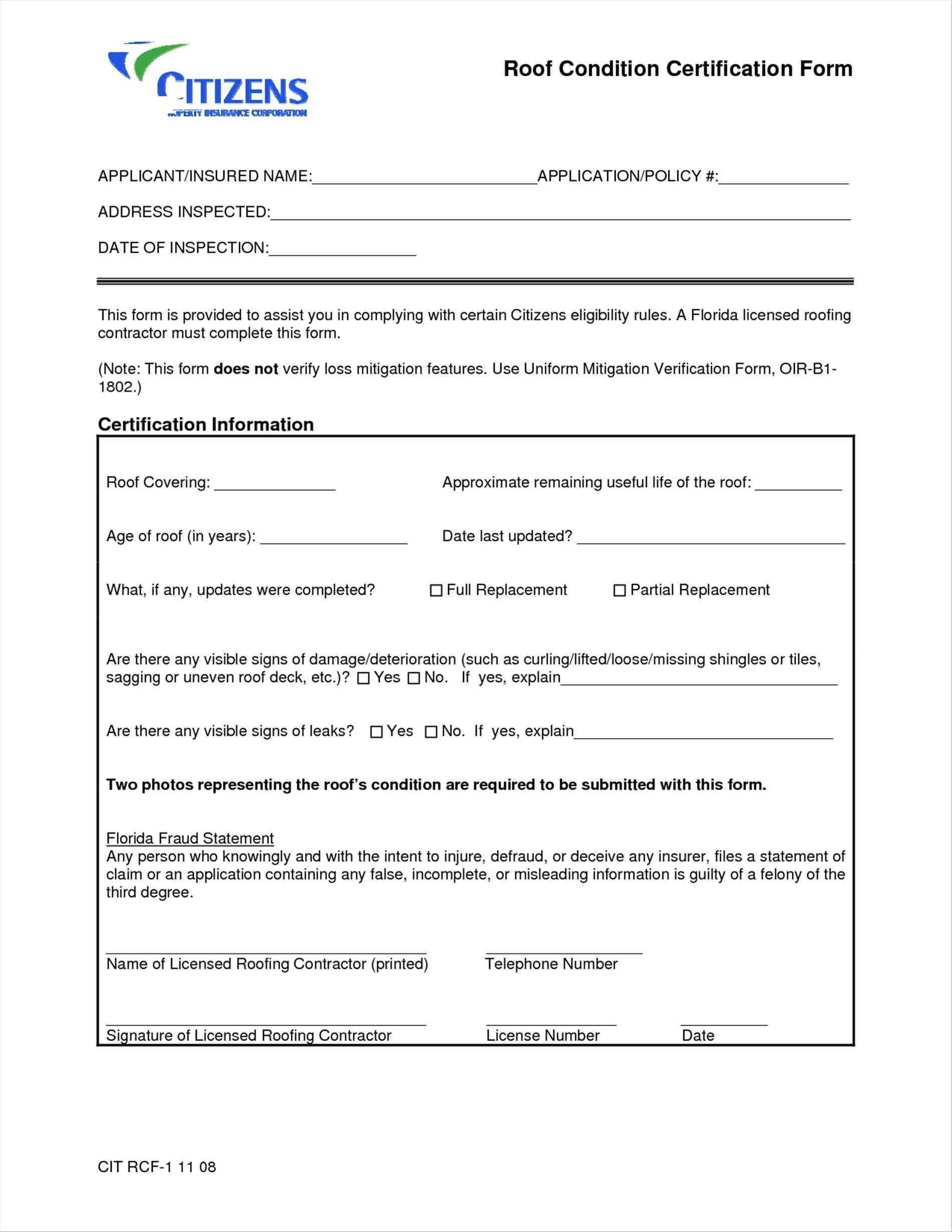 2008 Form Citizens Rcf 1 Fill Online Printable Fillable With Regard To Roof Certification Template