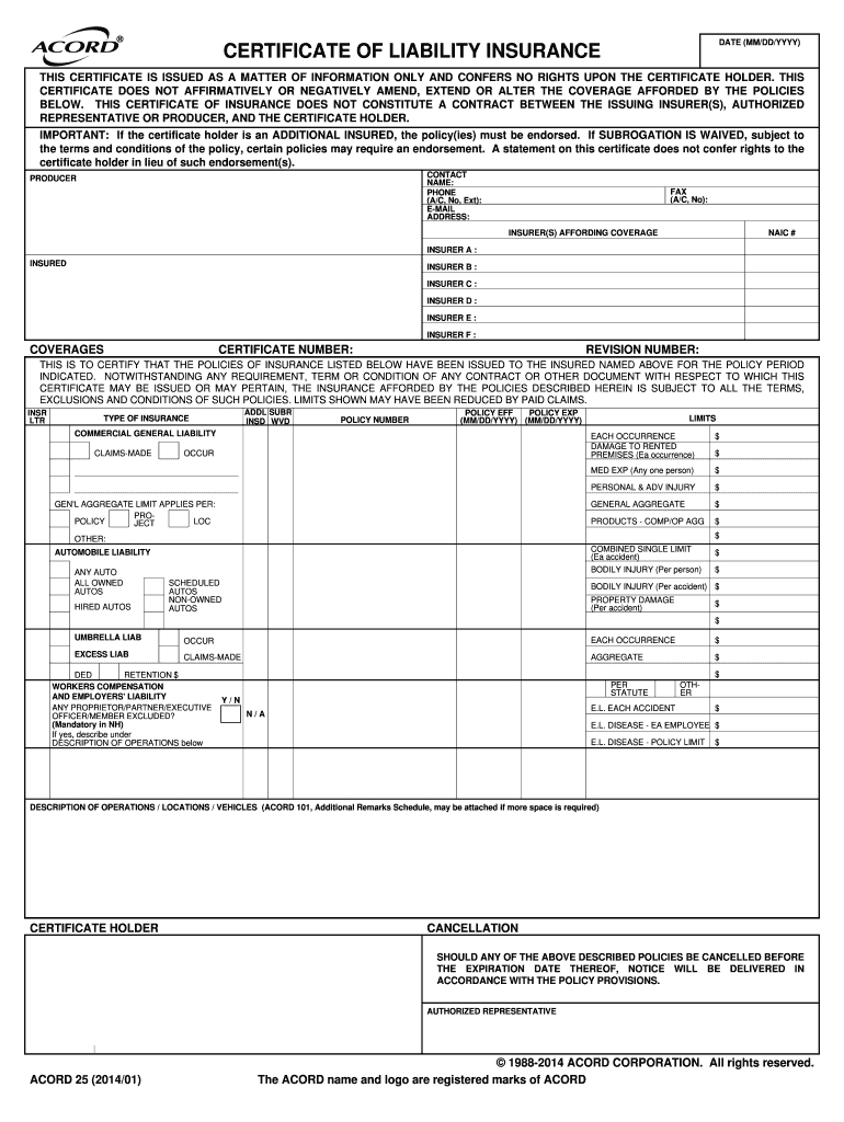 2014-2020 Form Acord 25 Fill Online, Printable, Fillable in Certificate Of Insurance Template
