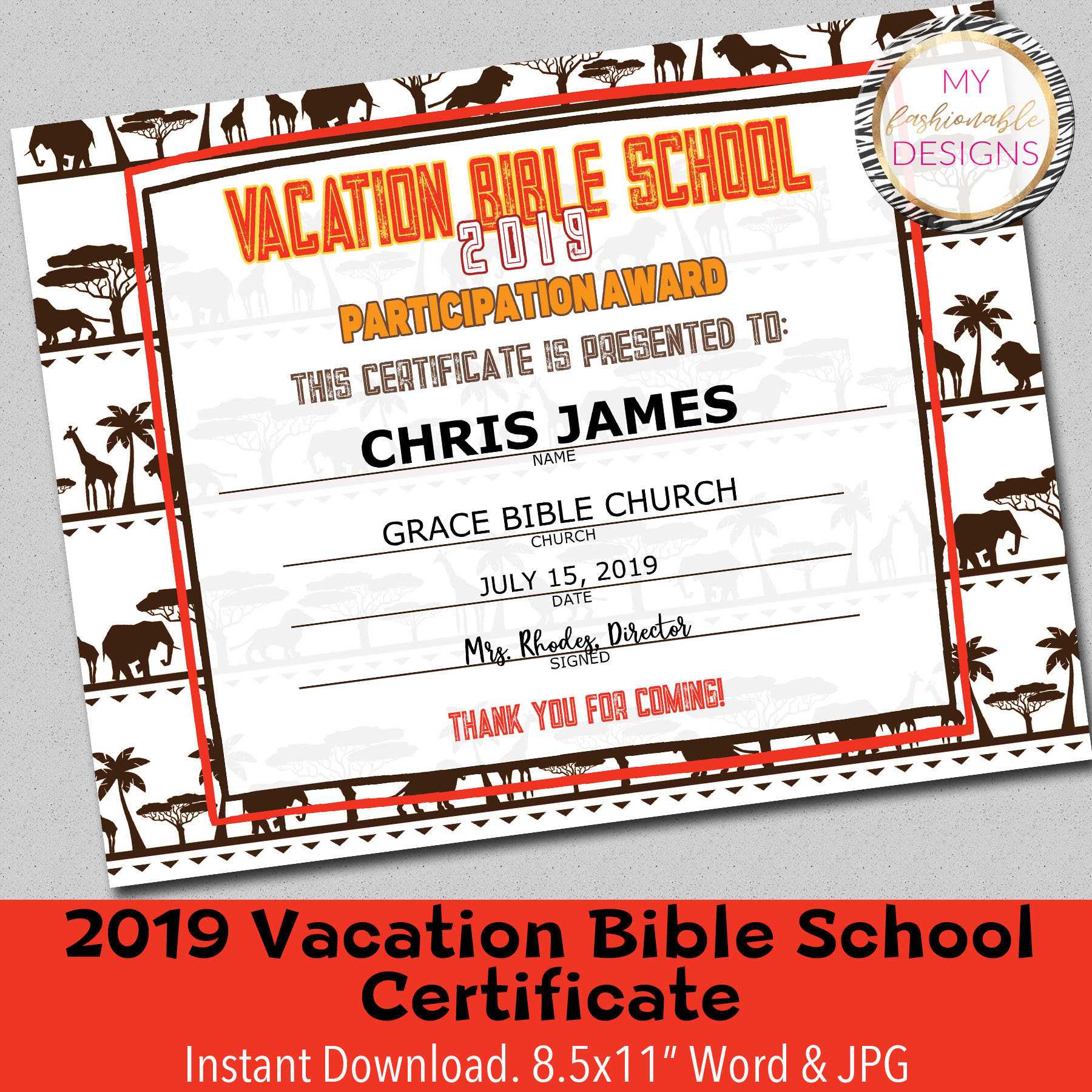 2019 Vbs Certificate, Vacation Bible School, Lion Roar Vbs, Instant  Download – 8.5X11" Word And Jpg Intended For Free Vbs Certificate Templates