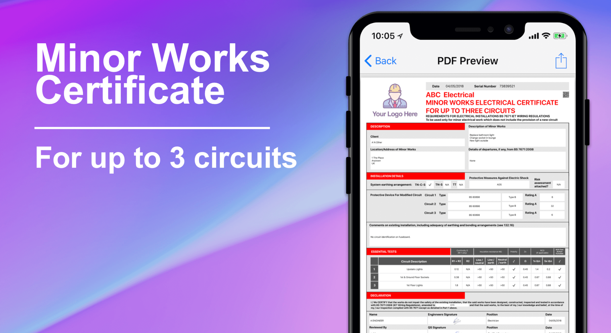 3 Circuit Minor Works Electrical Certificate – Icertifi With Electrical Minor Works Certificate Template