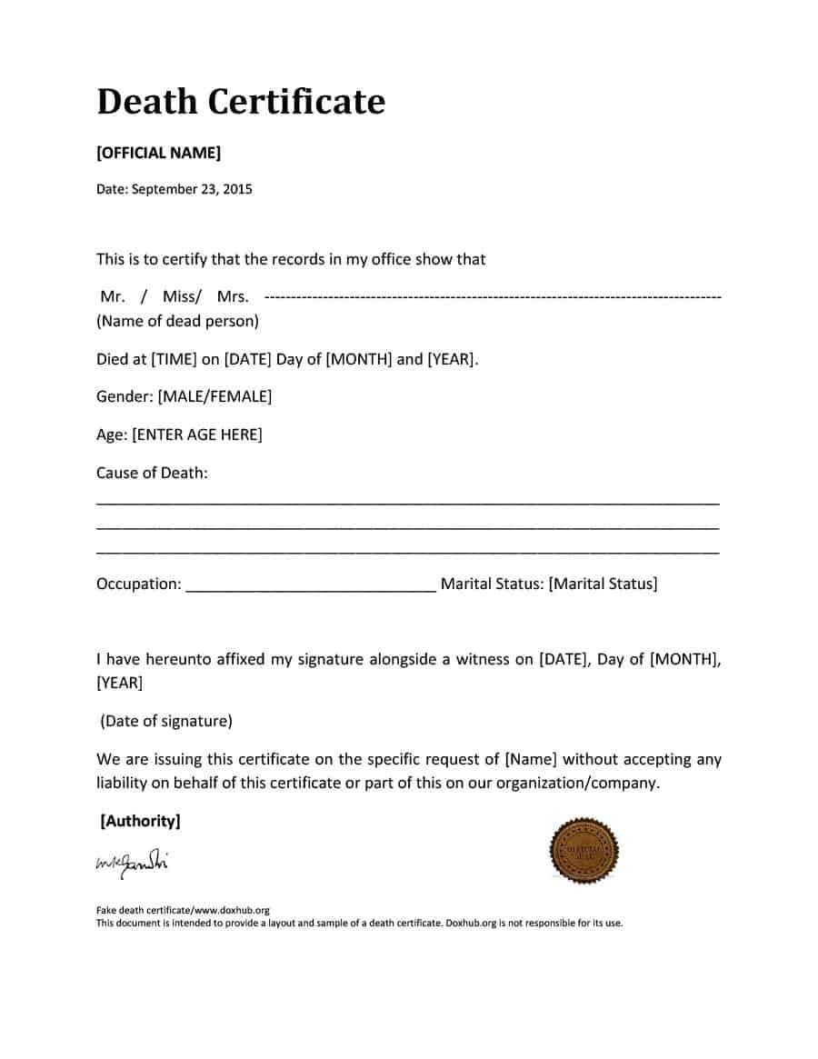 37 Blank Death Certificate Templates [100% Free] ᐅ Templatelab regarding Fake Death Certificate Template