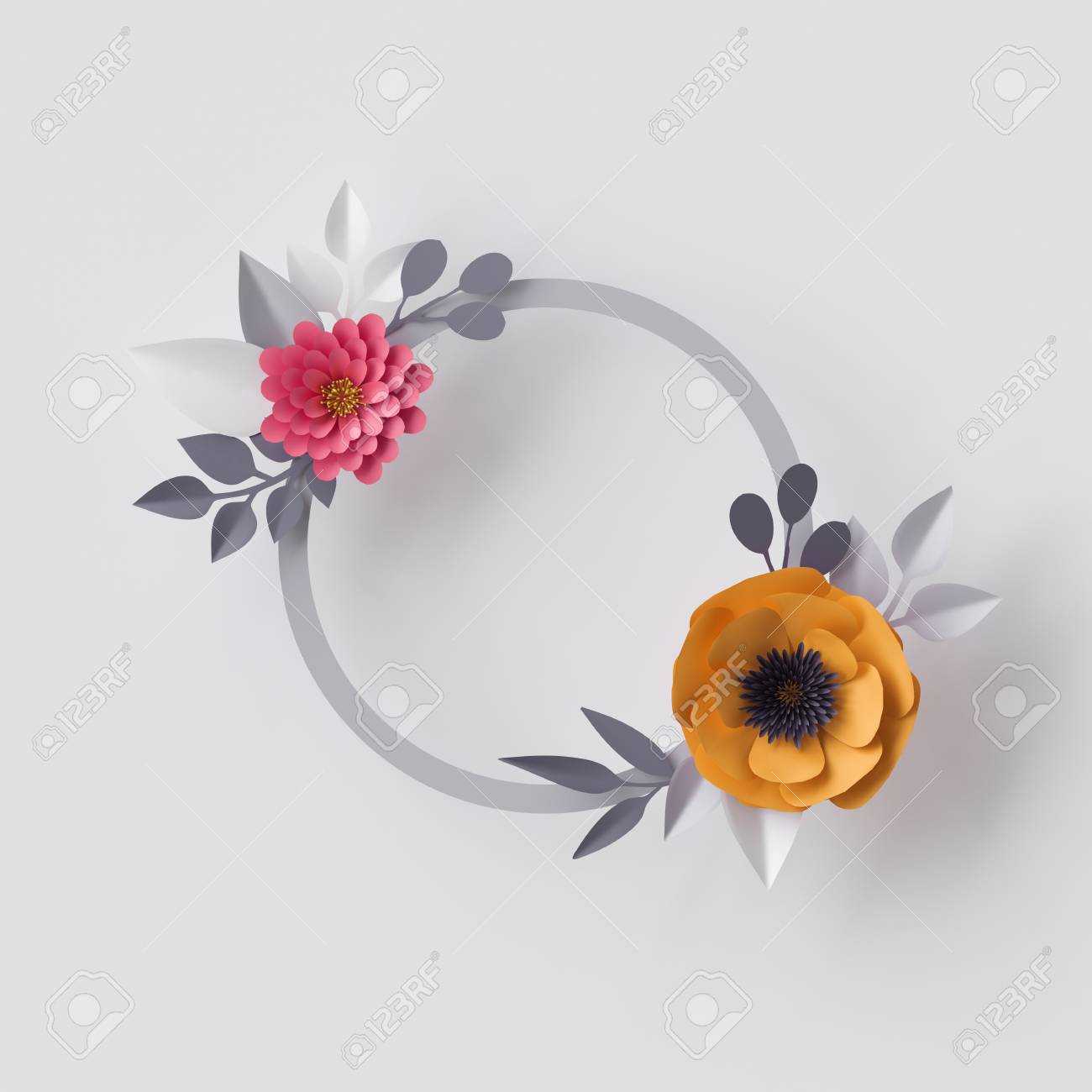 3D Render, Abstract Paper Flowers, Floral Background, Blank Round Frame,  Greeting Card Template Regarding Headband Card Template