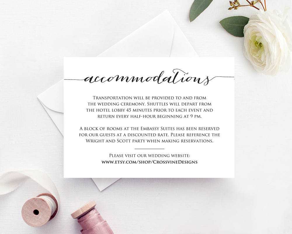 Accommodations Card For Wedding Hotel Information Card Template