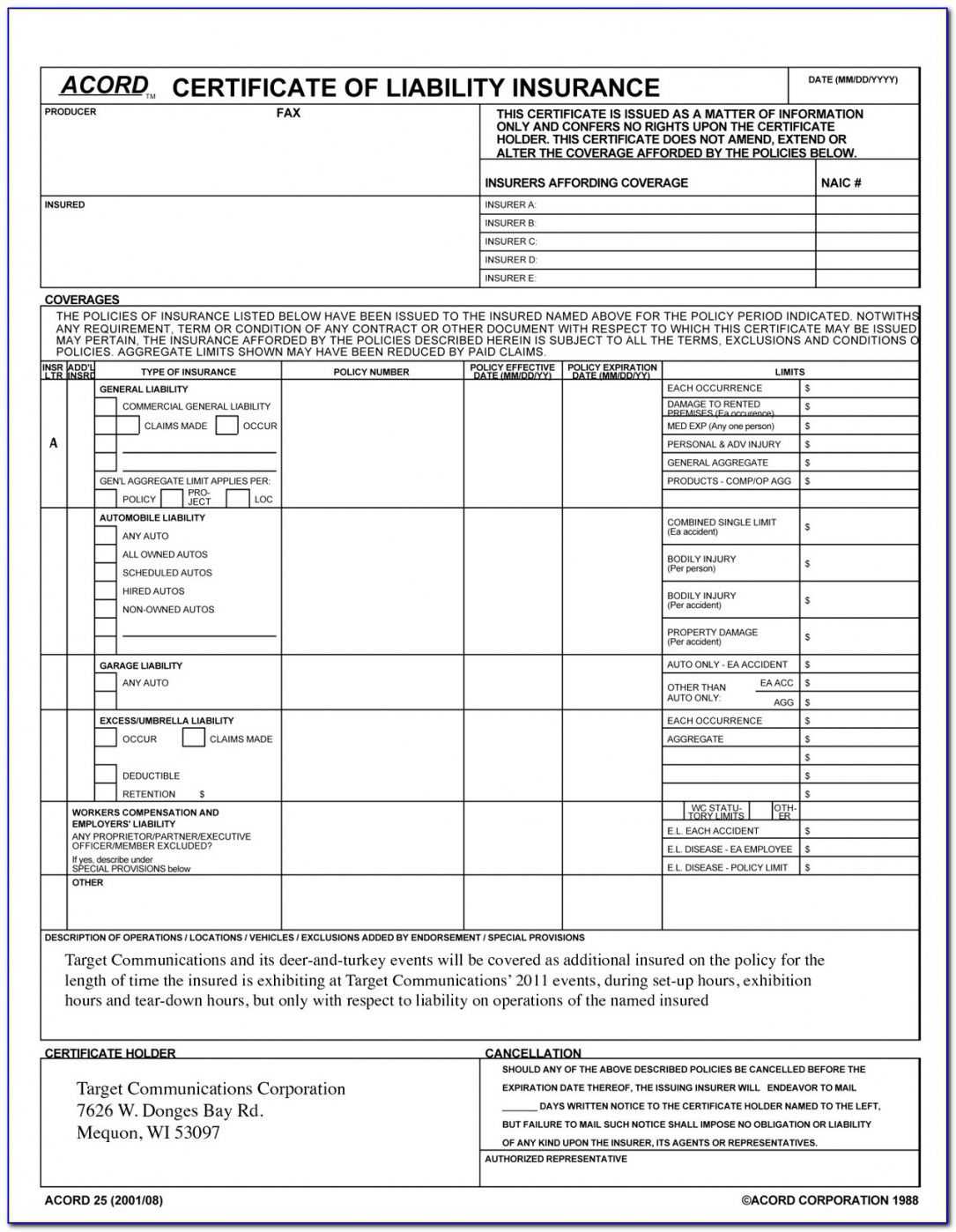 Accord Certificate Of Liability Insurance Form In Certificate Of Liability Insurance Template