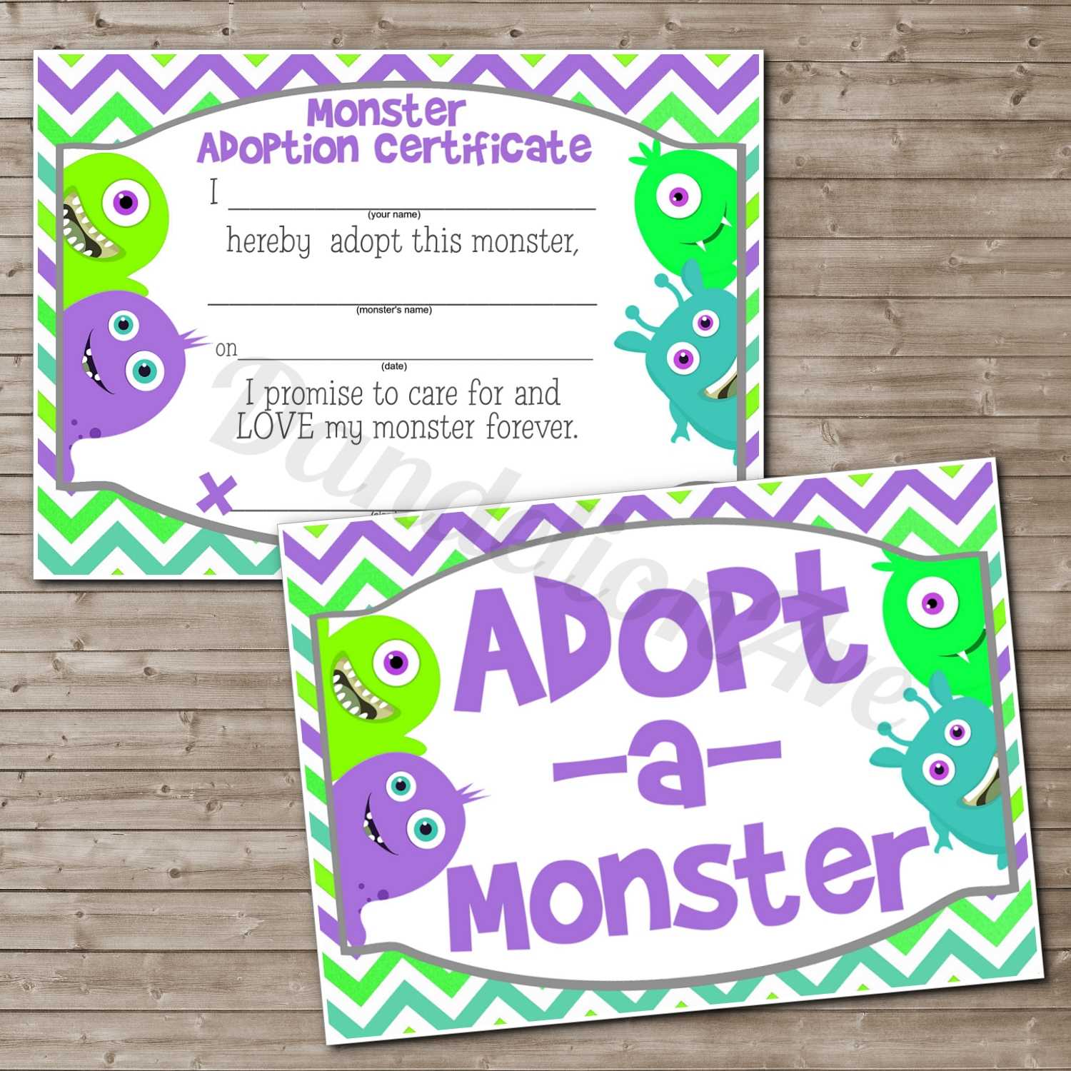Adopt A Monster Certificate And Sign Set 2 | Dandelion Avenue Intended For Toy Adoption Certificate Template