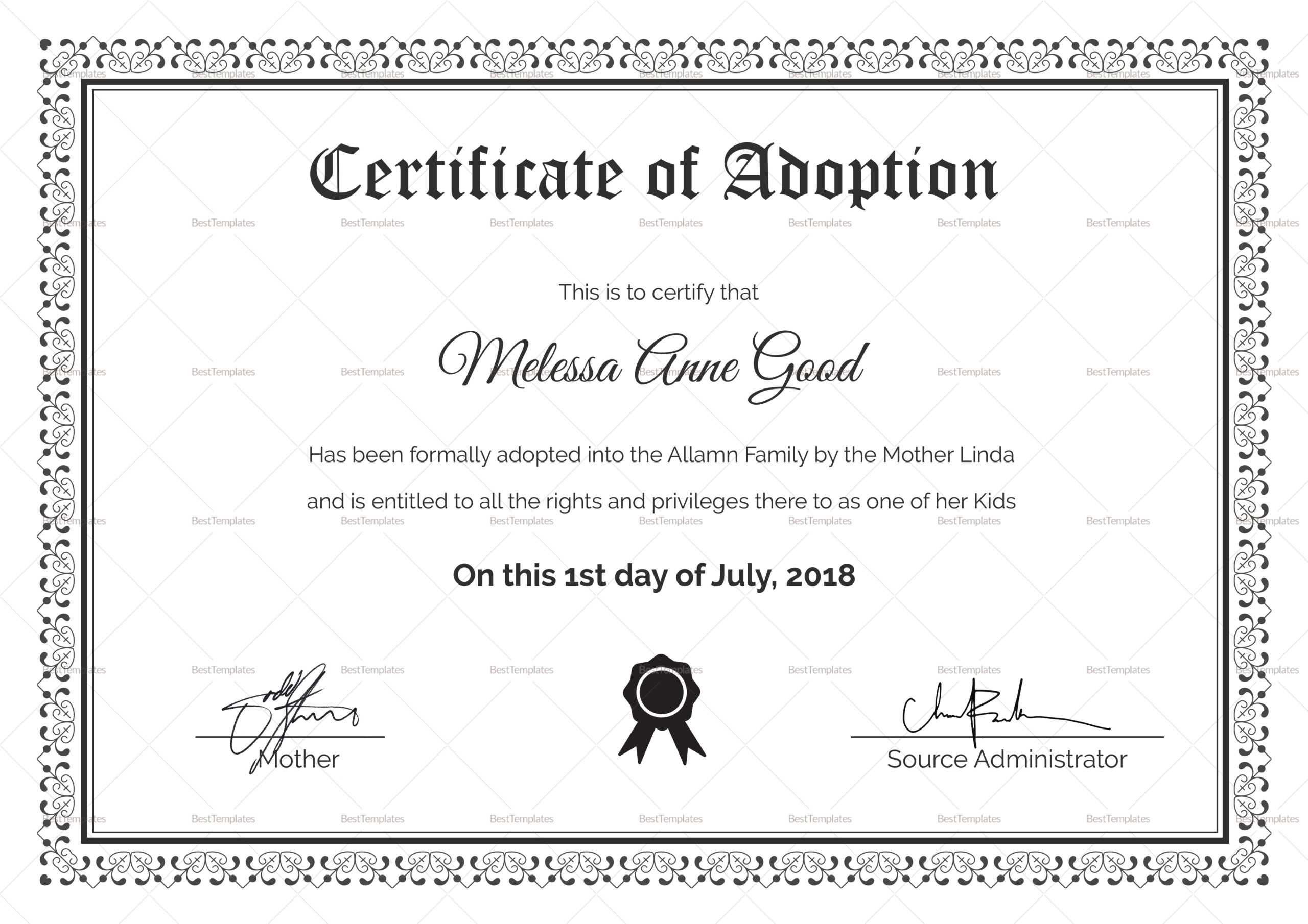 Adoption Certificate Design Template For Adoption Certificate Template