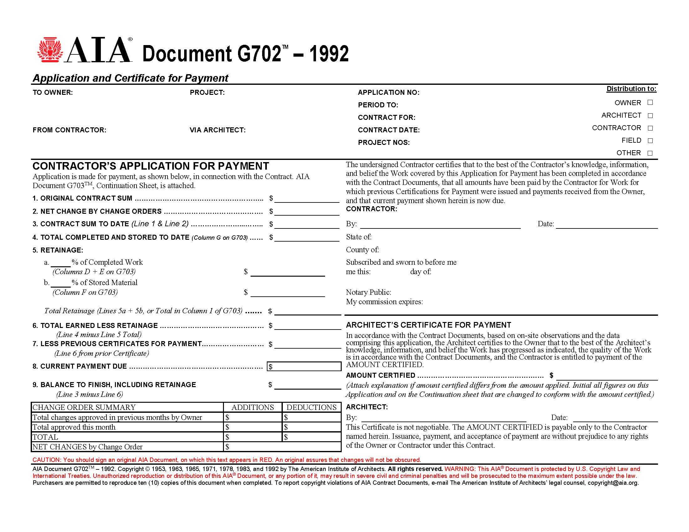 Aia Forms G702 & G703 Application, Certificate, And Continuation In Certificate Of Substantial Completion Template