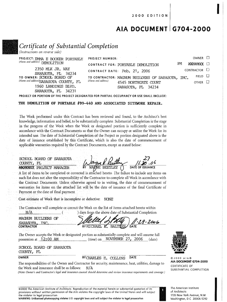 Aia G704 - Fill Online, Printable, Fillable, Blank | Pdffiller Pertaining To Certificate Of Substantial Completion Template