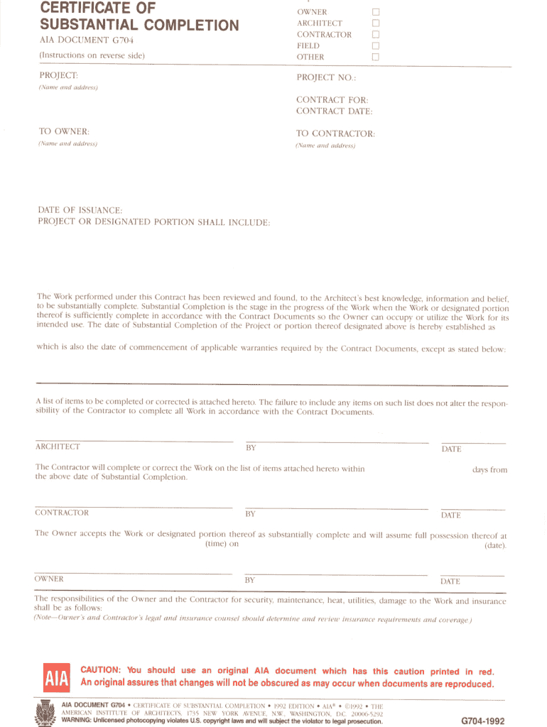 Aia G704 – Fill Online, Printable, Fillable, Blank | Pdffiller Pertaining To Certificate Of Substantial Completion Template