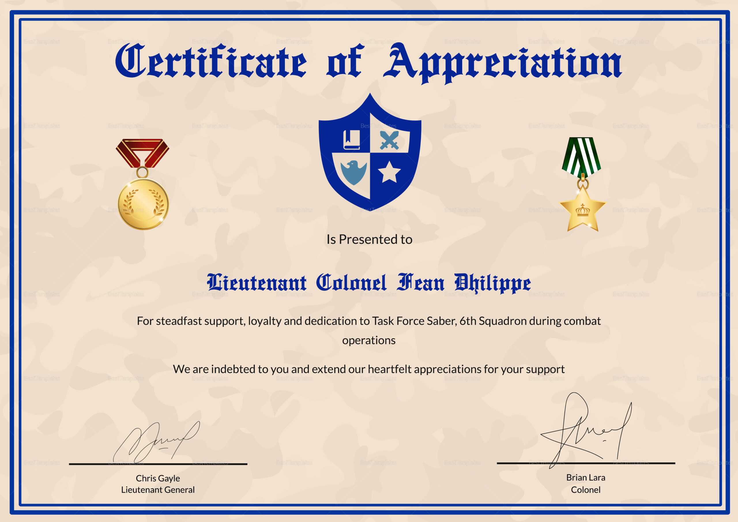 Army Certificate Of Appreciation Template Regarding Army Certificate Of Appreciation Template