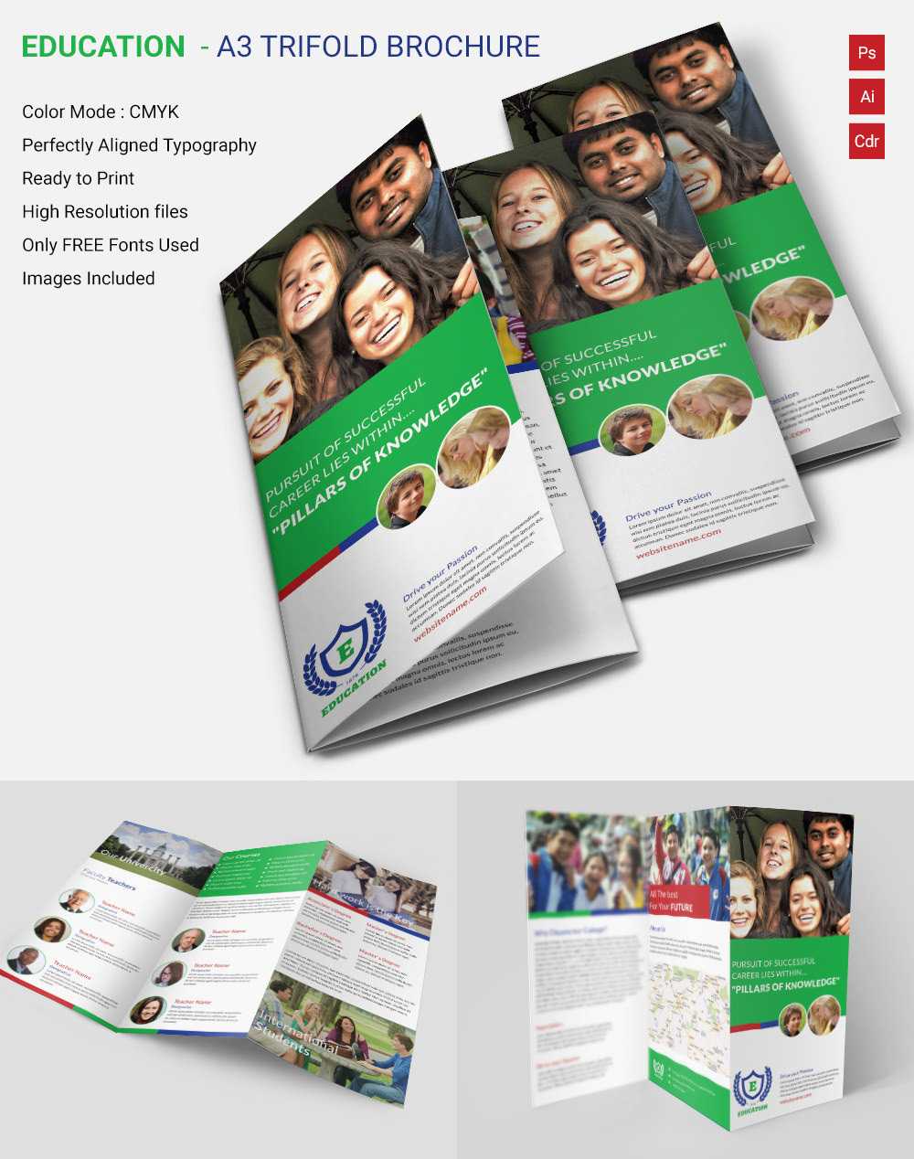 Attractive Education A3 Tri Fold Brochure Template | Free With Tri Fold Brochure Template Indesign Free Download