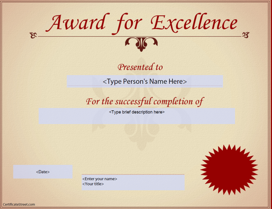 Award For Excellence Certificate | Templates At For Award Of Excellence Certificate Template