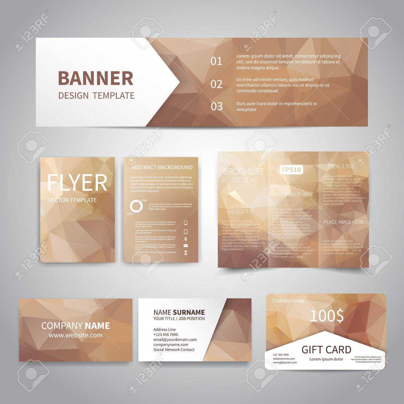 Banner, Flyers, Brochure, Business Cards, Gift Card Design Templates Set  With Geometric Triangular Beige Background. Corporate Identity Set, For Advertising Cards Templates