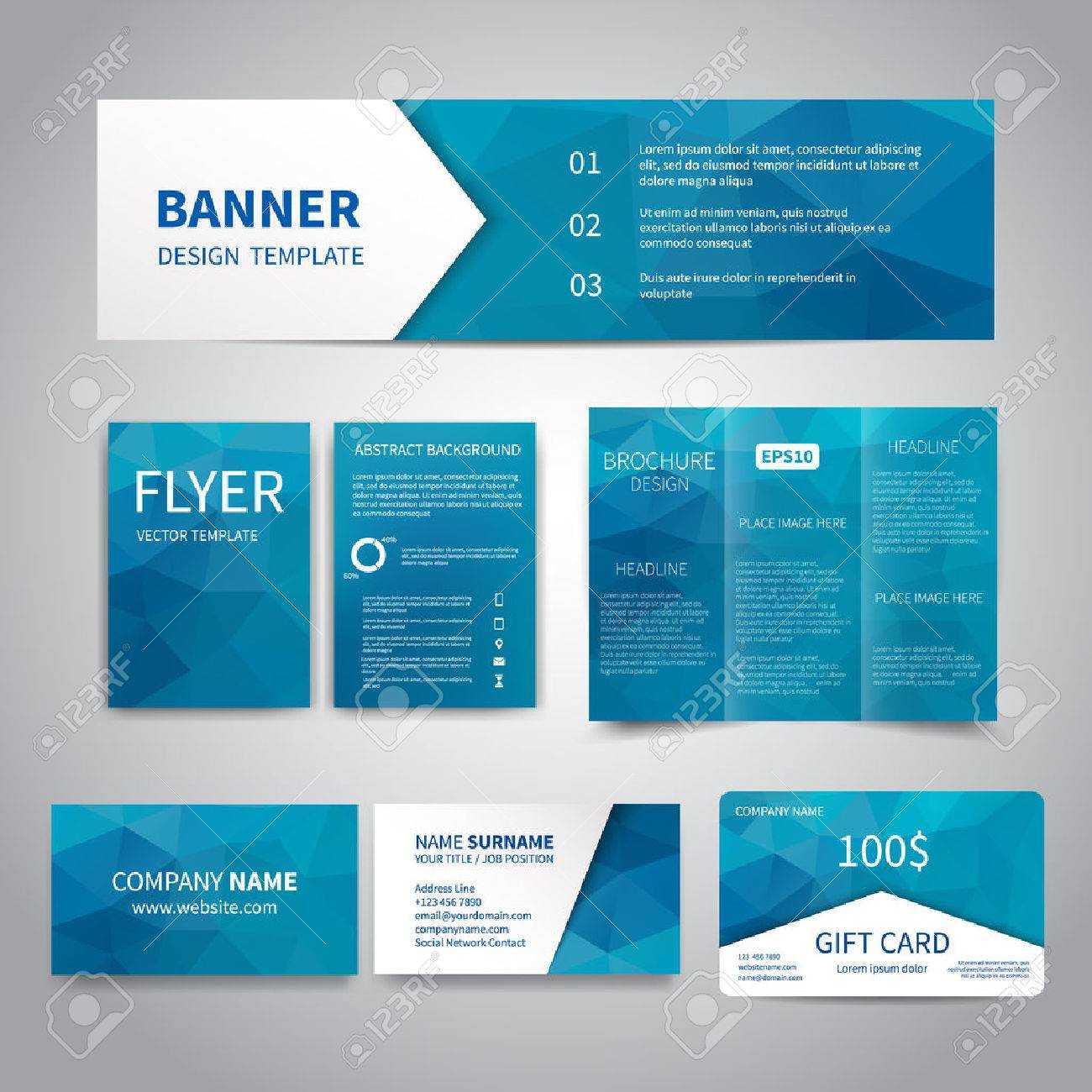 Banner, Flyers, Brochure, Business Cards, Gift Card Design Templates Set  With Geometric Triangular Blue Background. Corporate Identity Set, Within Advertising Cards Templates