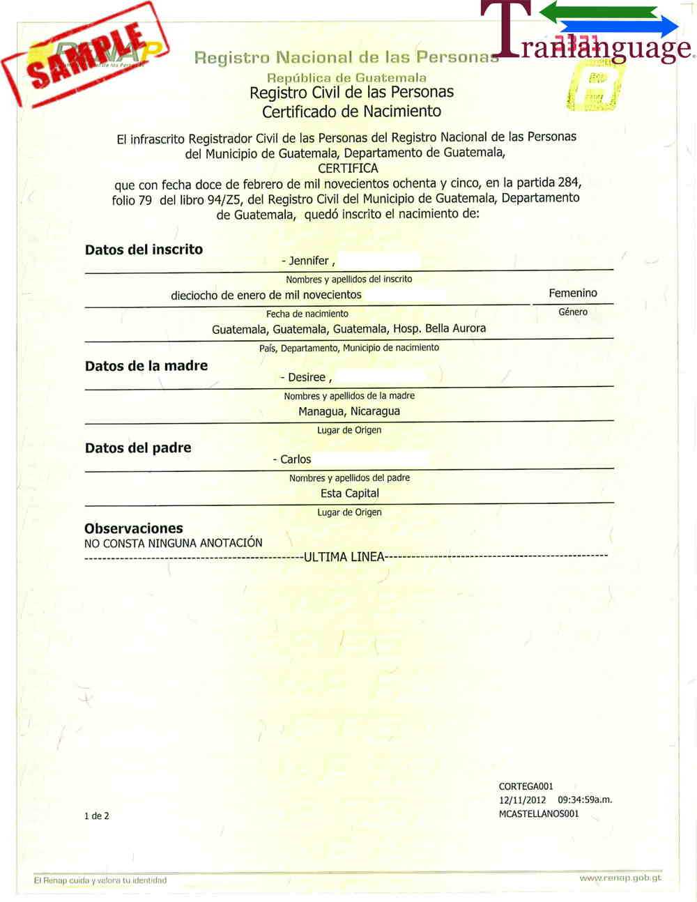 Birth Certificate Guatemala With Regard To Birth Certificate Translation Template English To Spanish