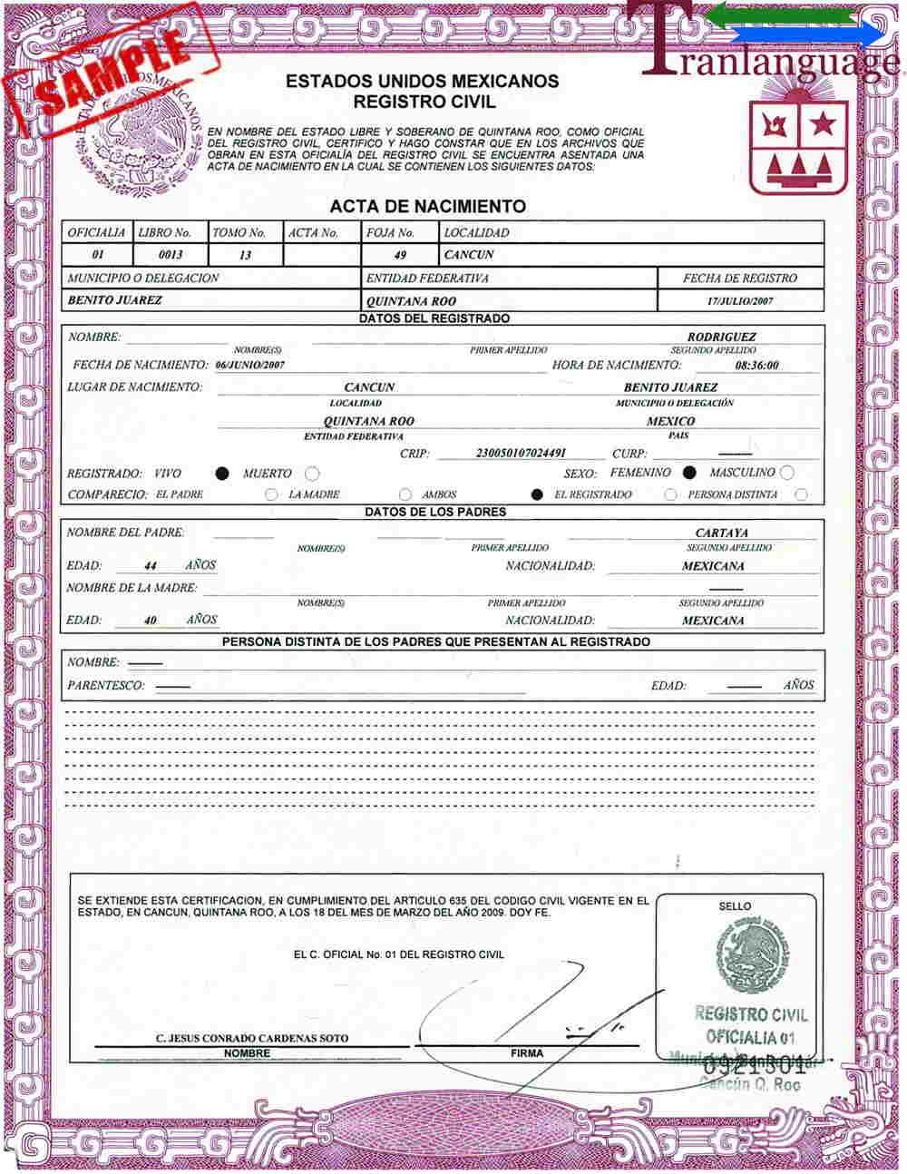 Birth Certificate Mexico For Mexican Birth Certificate Translation Template