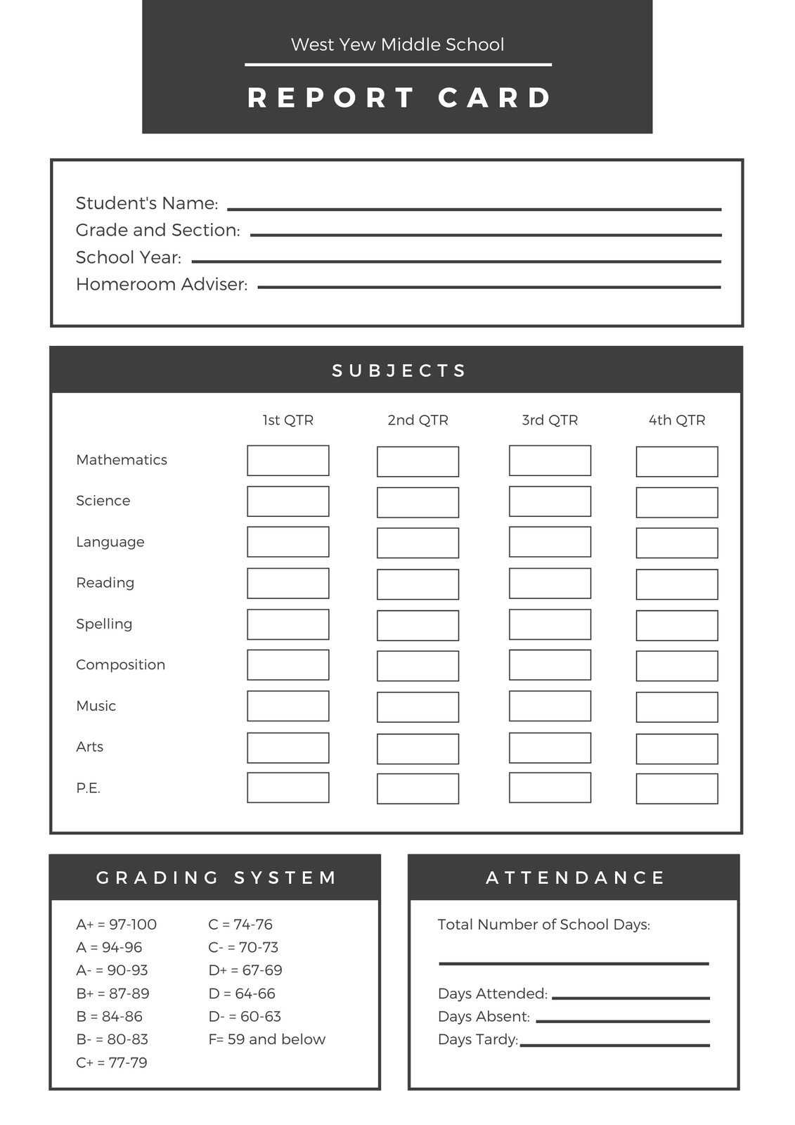 Black White Middle School Report Card – Templatescanva Regarding Middle School Report Card Template
