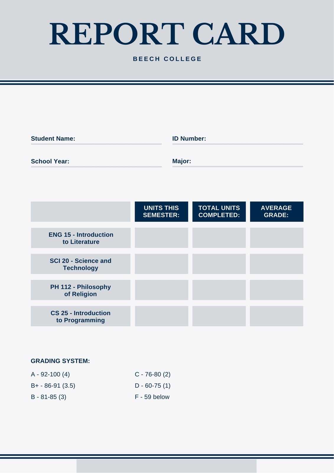 Blue And Gray Simple College Report Card - Templatescanva With Regard To College Report Card Template