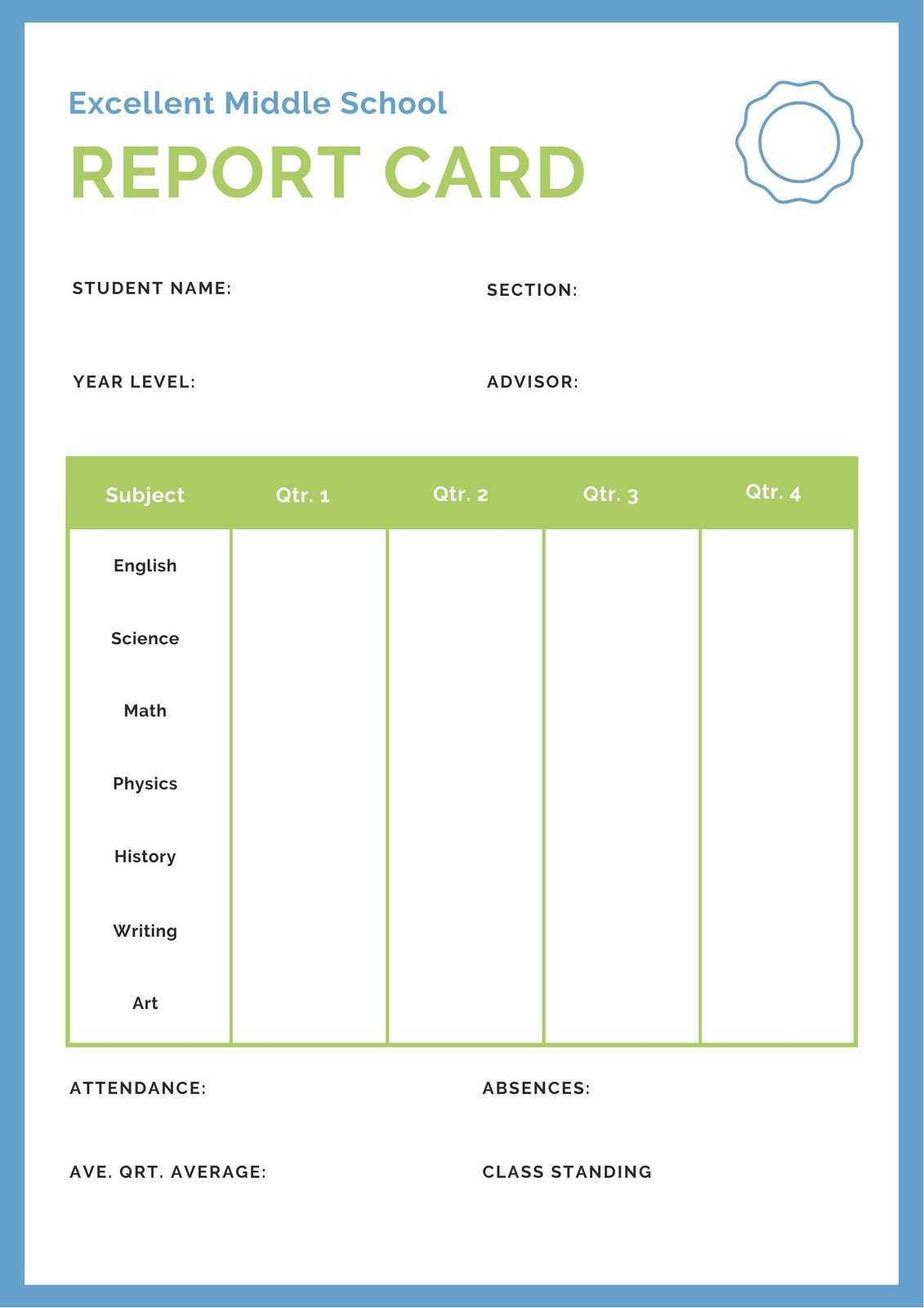 Blue Green Middle School Seal Report Card – Templatescanva With Middle School Report Card Template