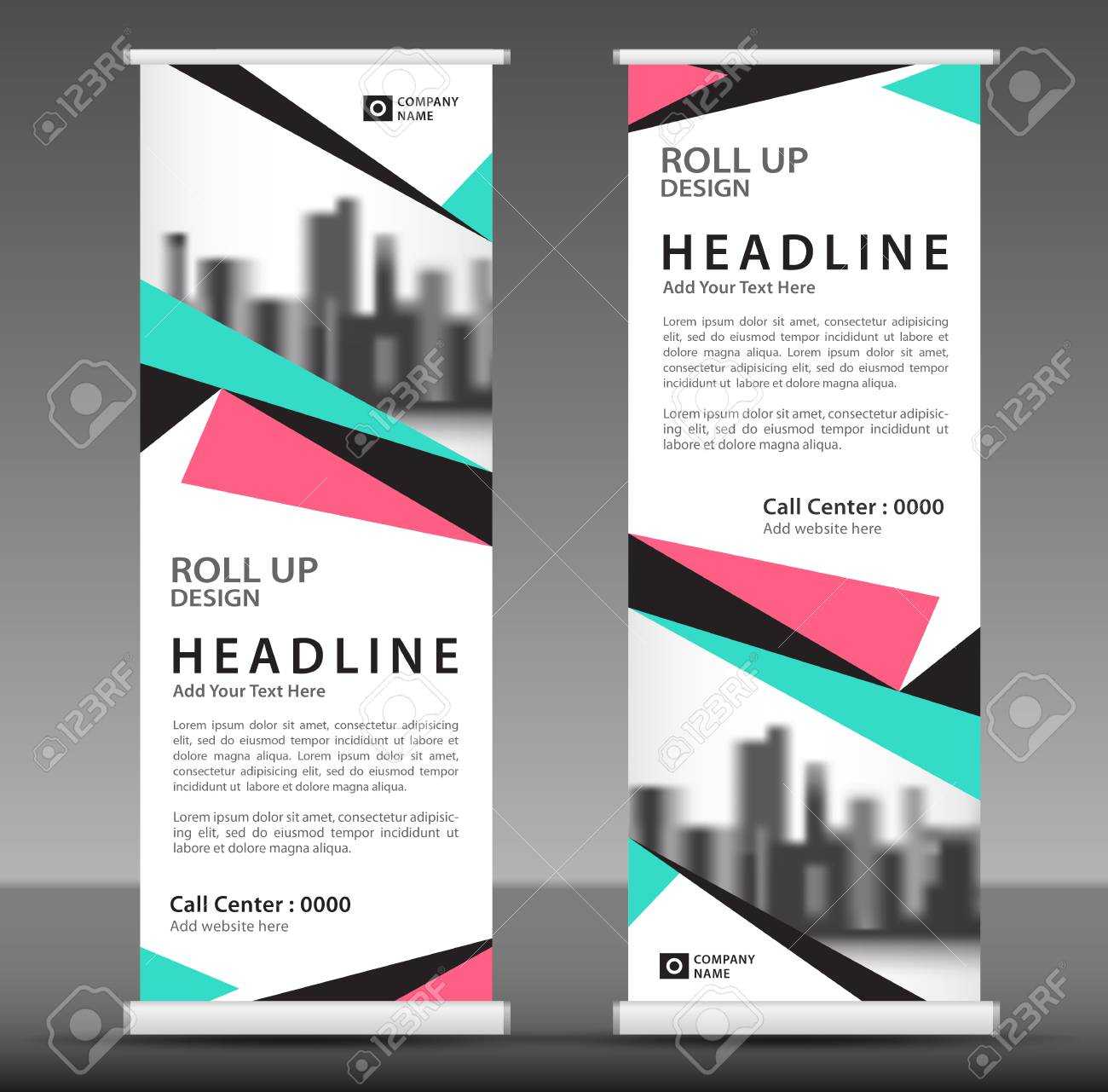 Blue Pink Roll Up Banner Template. Pull Up Layout. Business Brochure.. Inside Pop Up Brochure Template