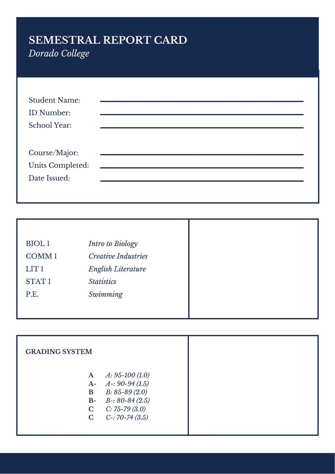 Blue Simple Semestral College Report Card – Templatescanva Intended For College Report Card Template