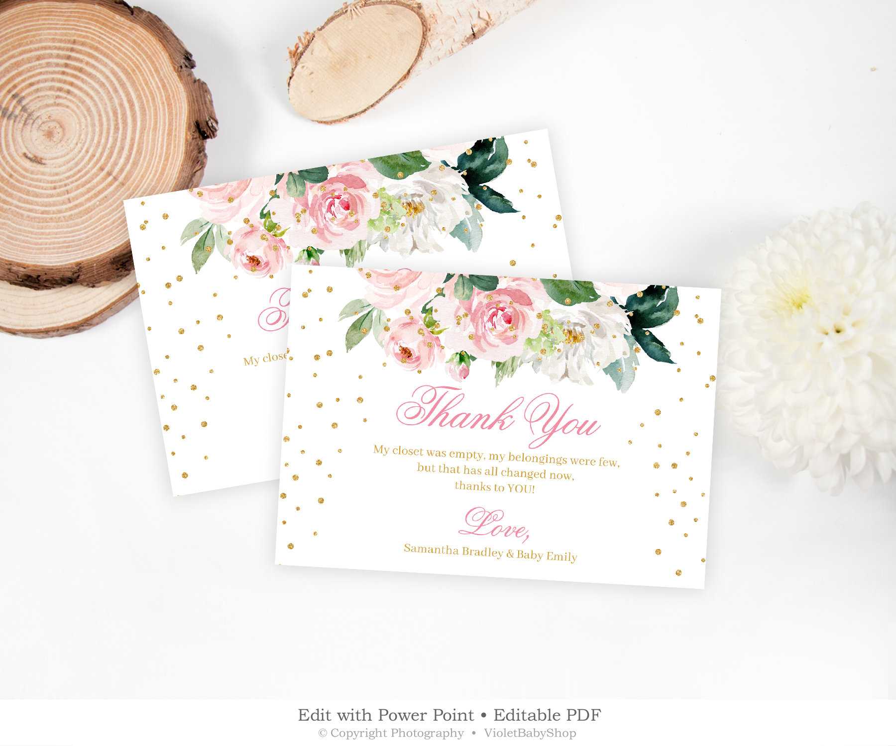 Blush Floral Thank You Card Printable, Boho Baby Shower Thank You Template,  Editable Pink And Gold Thank You, Instant Download Tdbs31 For Thank You Card Template For Baby Shower