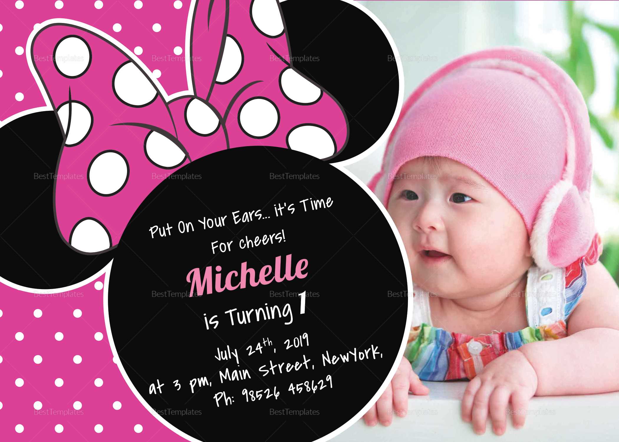 Bright Minnie Mouse Birthday Invitation Card Template Regarding Minnie Mouse Card Templates