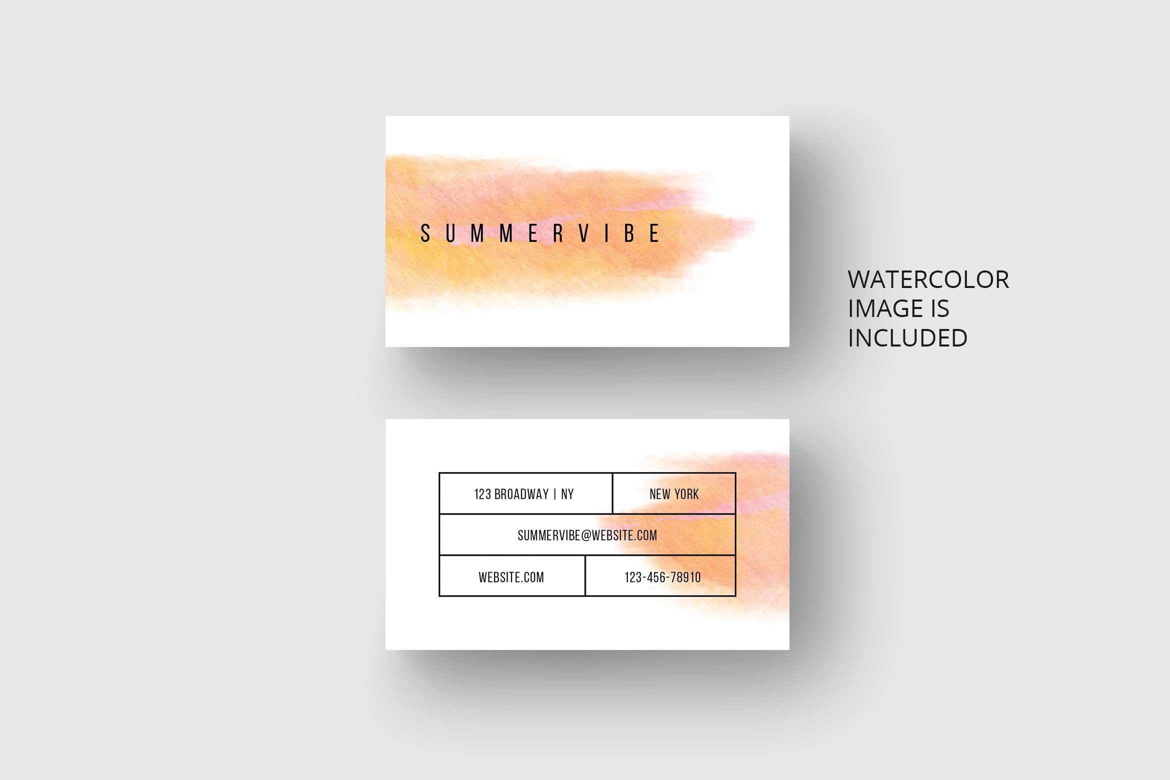 Business Card Template With Orange Watercolor * Eu & Us Size * Photoshop With Business Card Template Size Photoshop