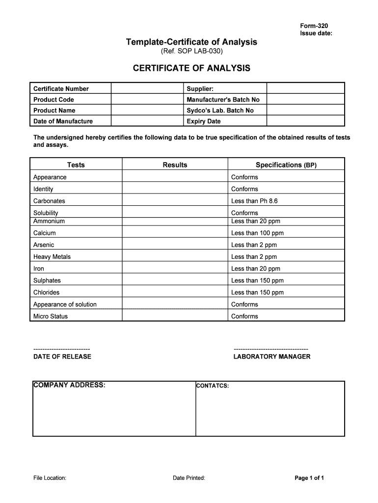 Certificate Of Analysis Template – Fill Online, Printable For Certificate Of Analysis Template