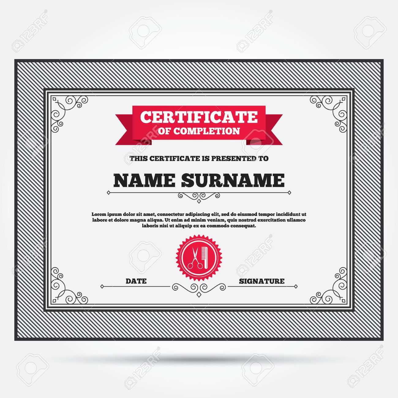 Certificate Of Completion. Comb Hair With Scissors Sign Icon Inside Certificate Of License Template