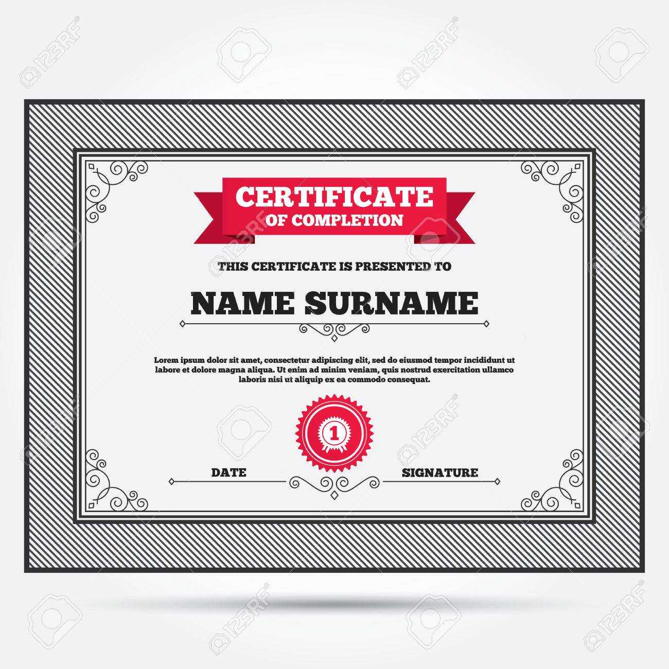 Certificate Of Completion. First Place Award Sign Icon. Prize.. For First Place Award Certificate Template