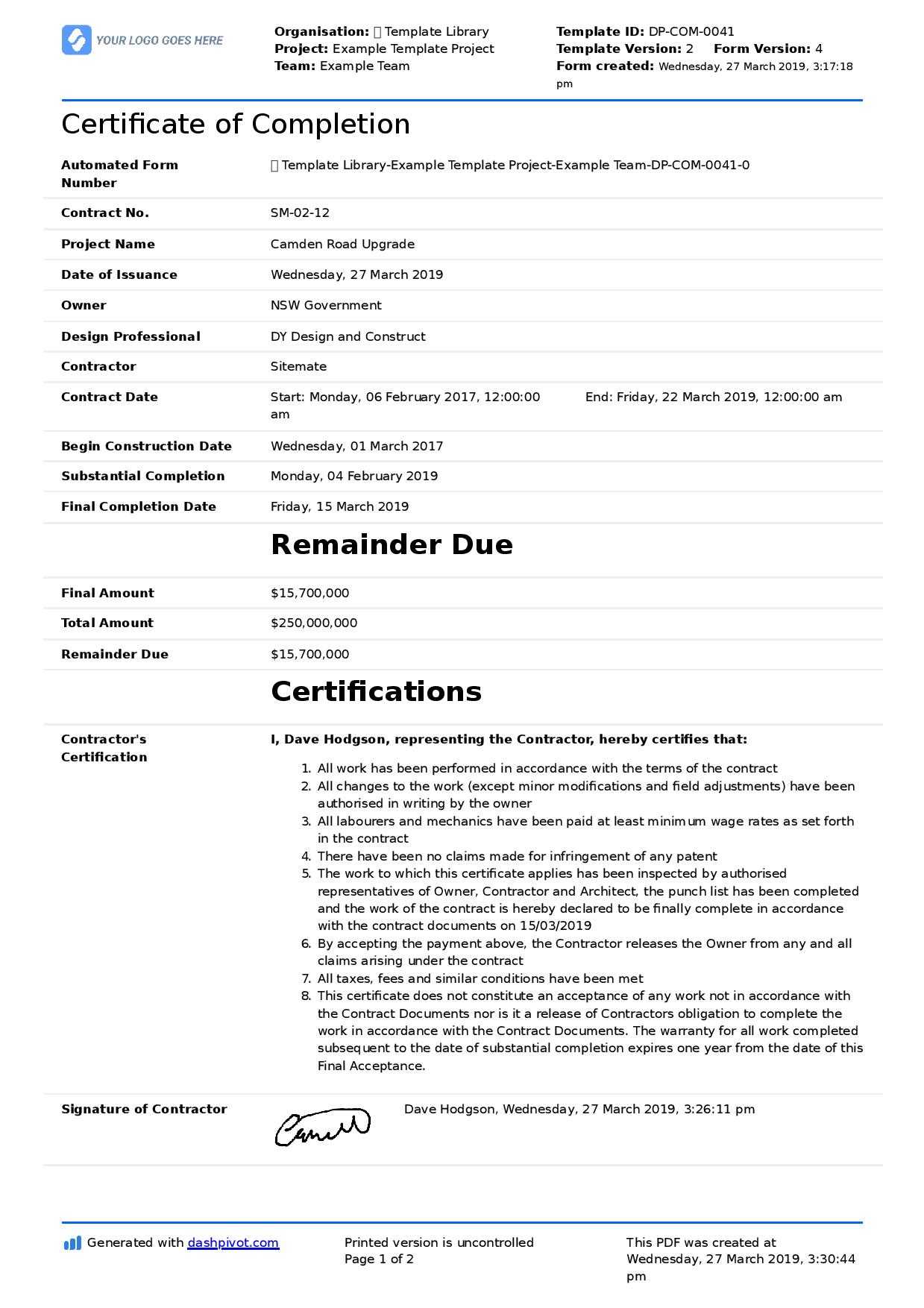 Certificate Of Completion For Construction (Free Template + For Construction Certificate Of Completion Template