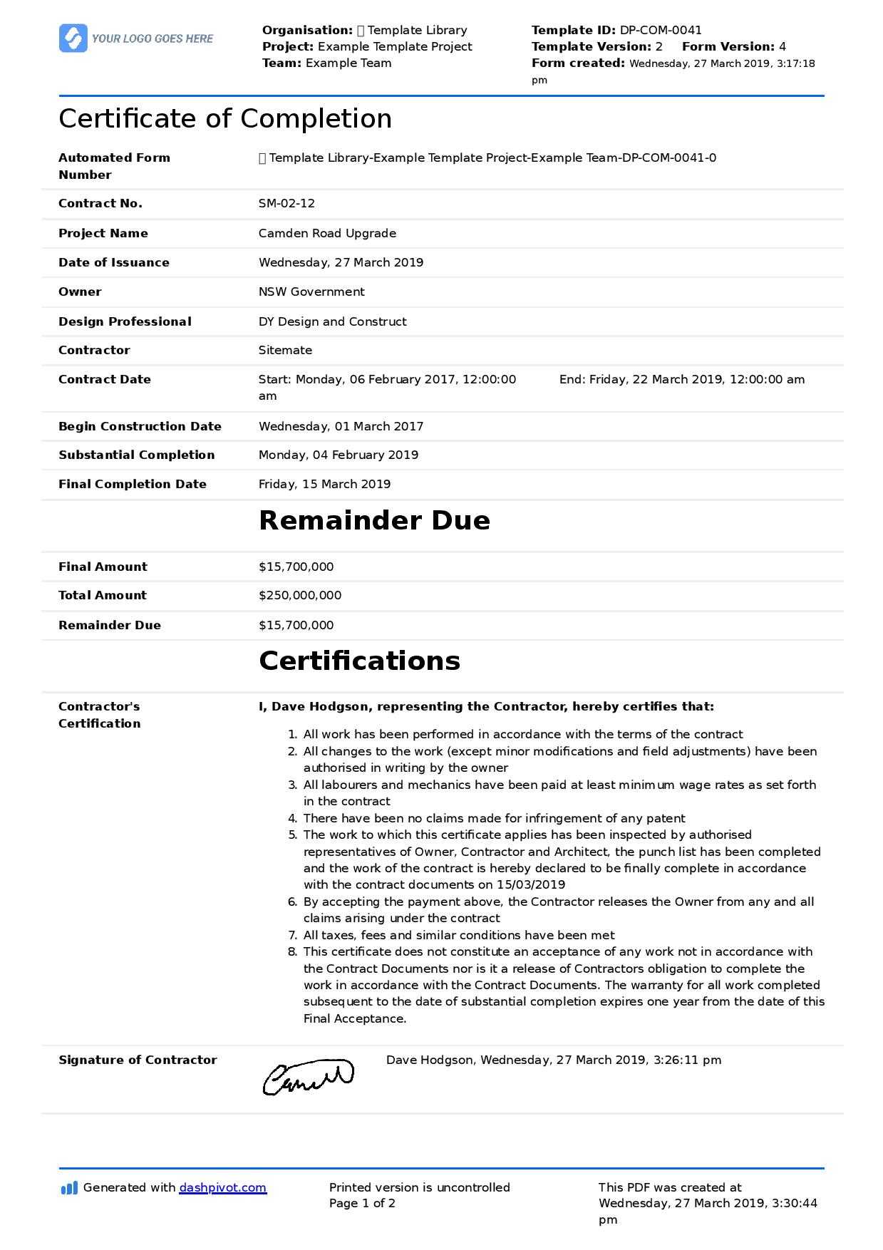 Certificate Of Completion For Construction (Free Template + throughout Certificate Of Completion Construction Templates