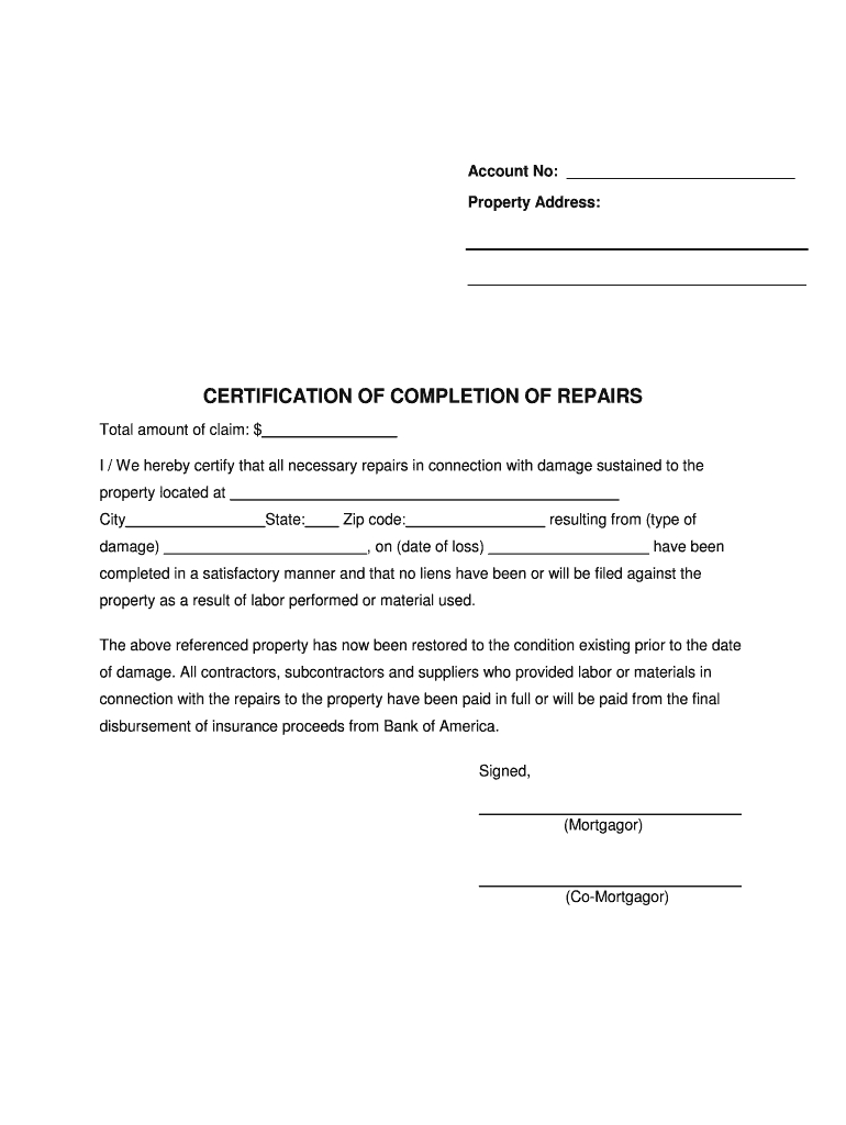 Certificate Of Completion For Insurance Purposes – Fill Intended For Roof Certification Template