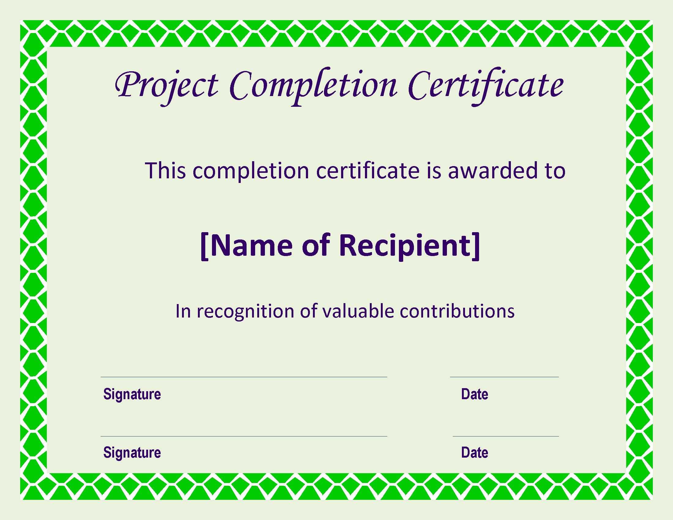 Certificate Of Completion Project | Templates At In Certificate Of Completion Template Construction