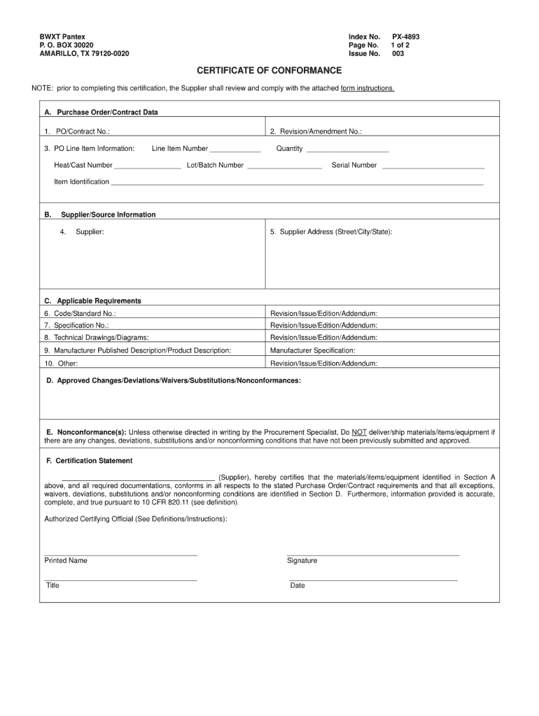 Certificate Of Conformance Template – Fill Online, Printable In Certificate Of Compliance Template