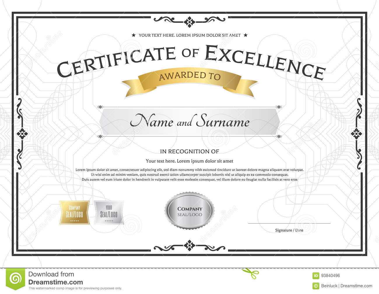 Certificate Of Excellence Template With Gold Award Ribbon On With Regard To Award Of Excellence Certificate Template