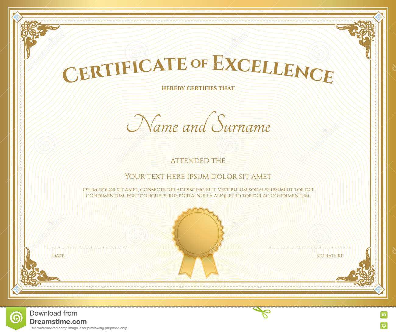 Certificate Of Excellence Template With Gold Border Stock For Free Certificate Of Excellence Template