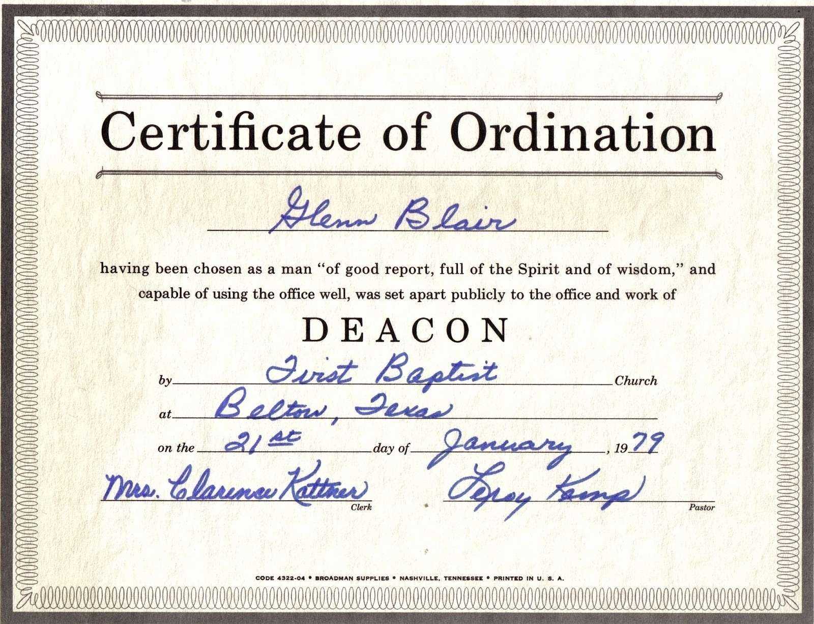 Certificate Of Ordination For Deaconess Example Throughout Certificate Of Ordination Template