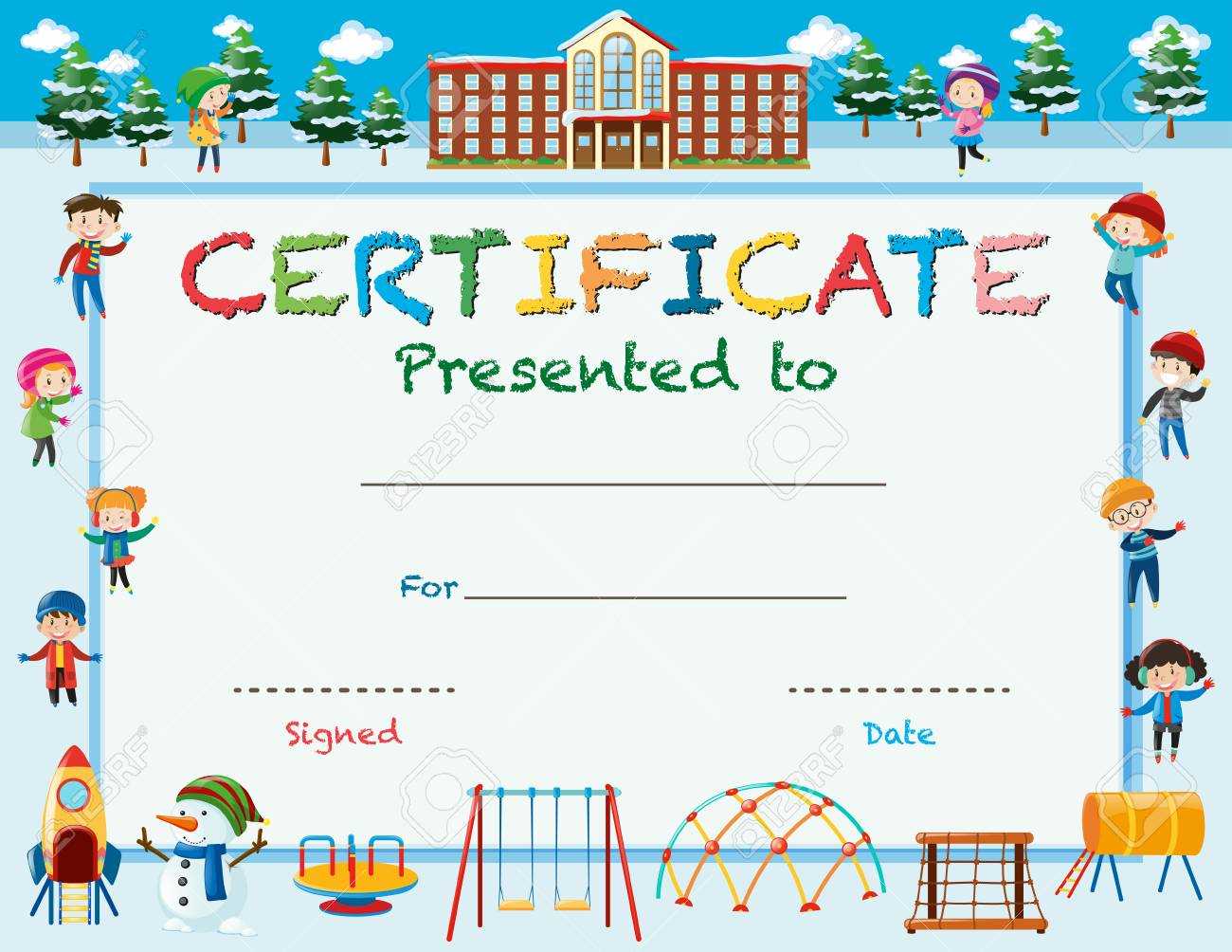 Certificate Template With Kids In Winter At School Illustration Pertaining To Free School Certificate Templates