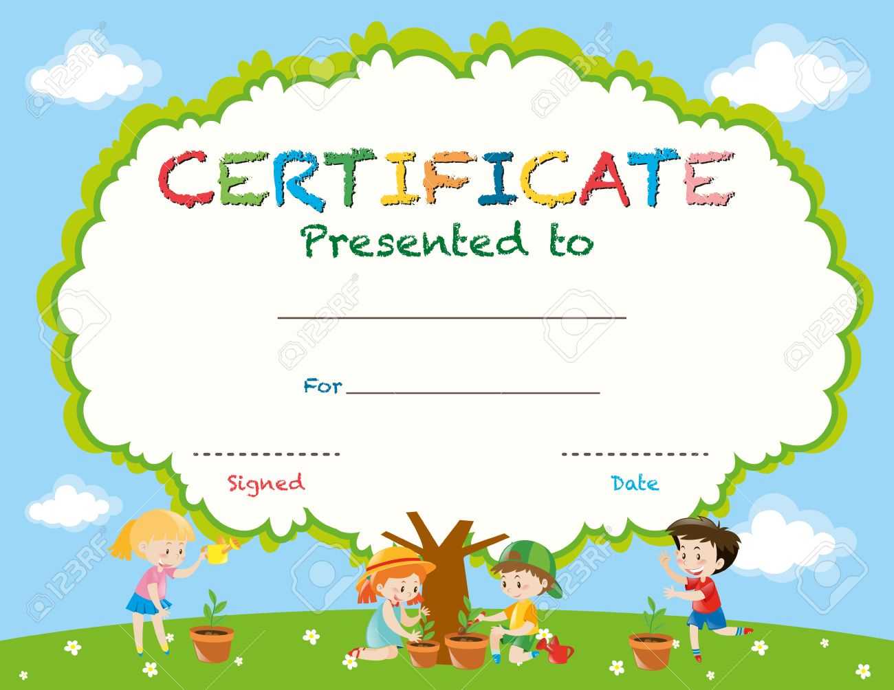 Certificate Template With Kids Planting Trees Illustration For Free Kids Certificate Templates