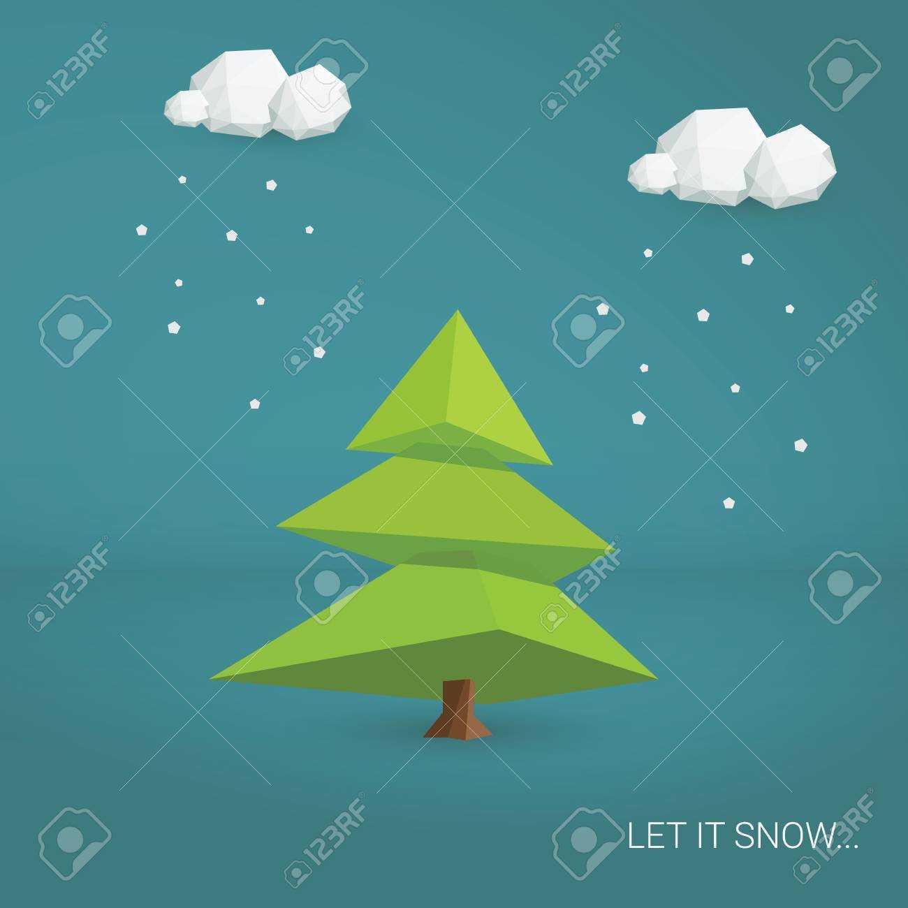 Christmas Card Vector Template. Low Poly 3D Tree And Clouds Snowing. Throughout 3D Christmas Tree Card Template