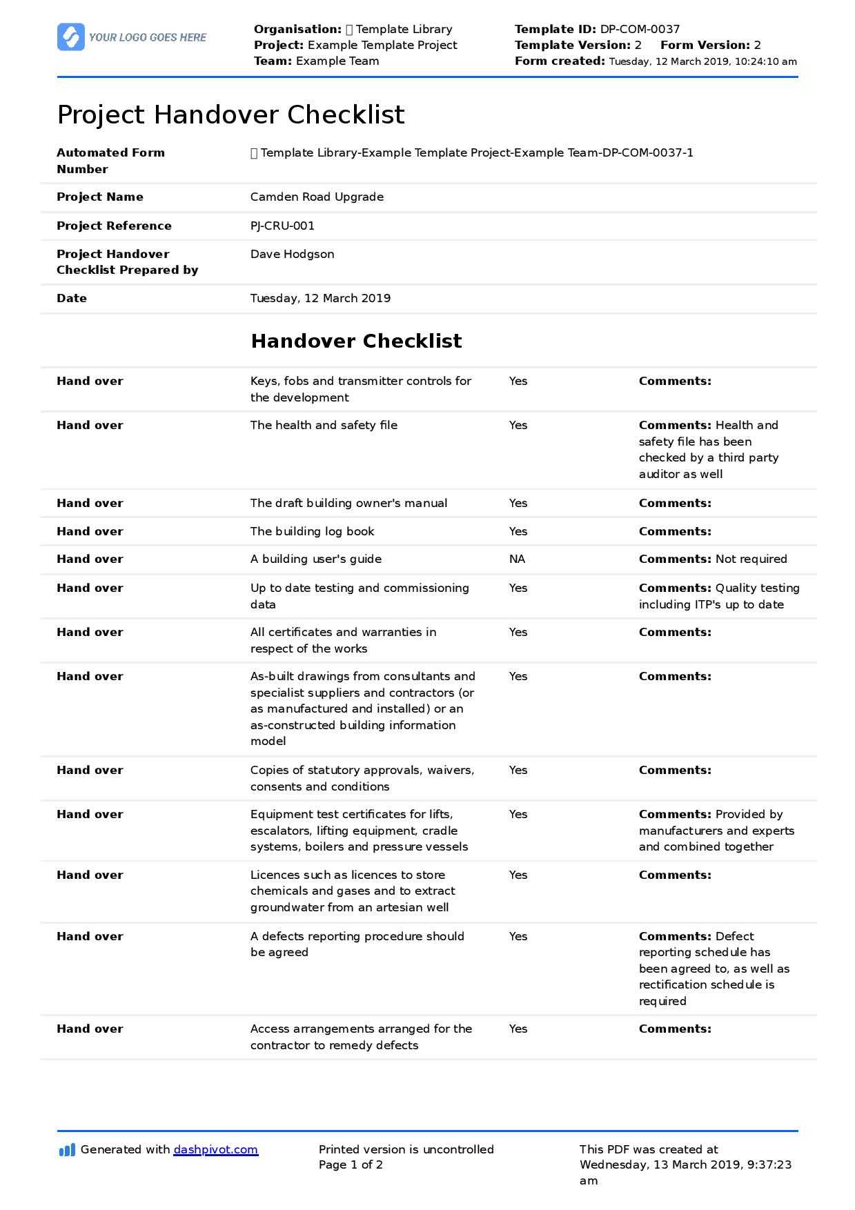 Construction Project Handover Document Sample To Use Or Copy Throughout Handover Certificate Template