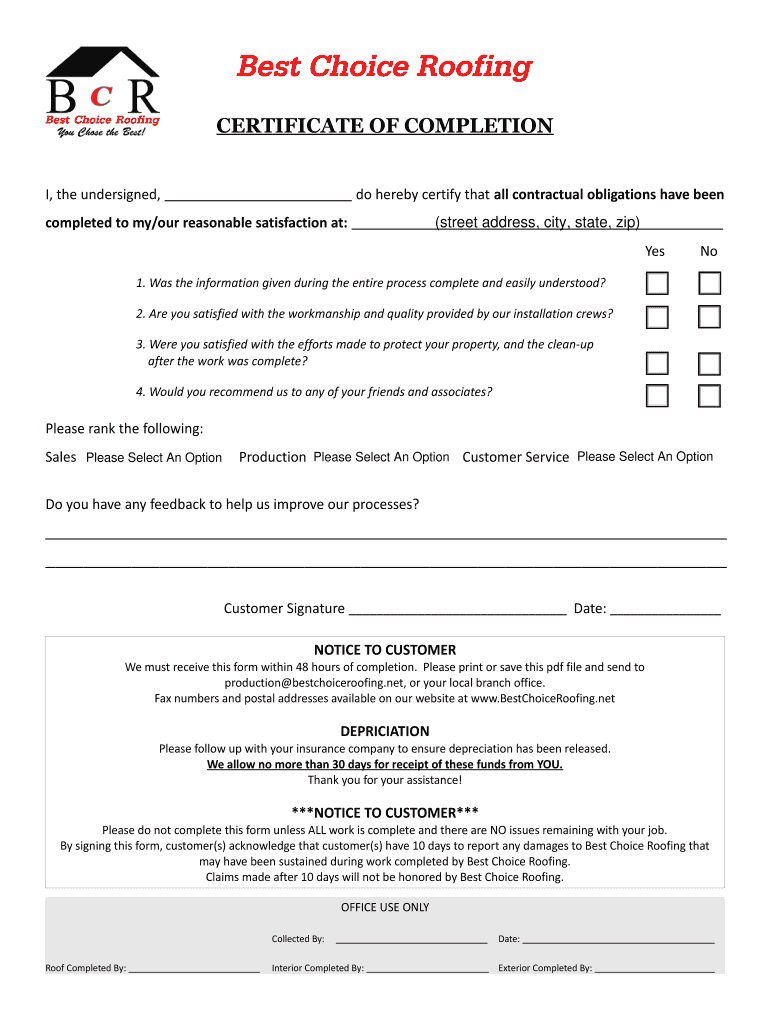 Contractor Job Completion Certificate – Fill Online Intended For Roof Certification Template