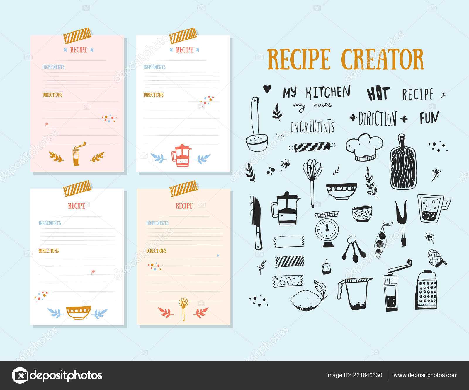 Cookbook Design Template | Modern Recipe Card Template Set Inside Recipe Card Design Template