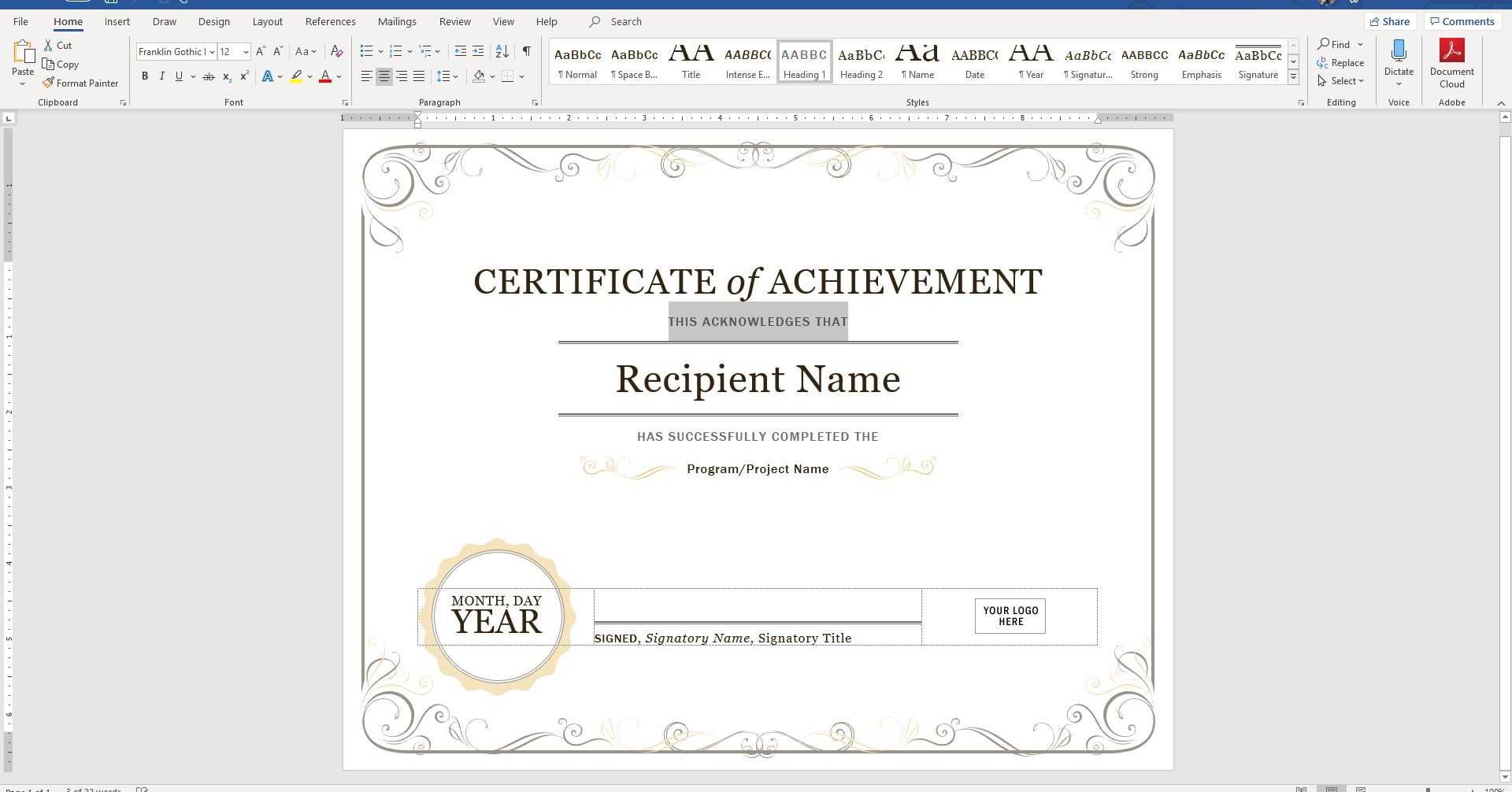 Create A Certificate Of Recognition In Microsoft Word With Certificate Of Achievement Template Word