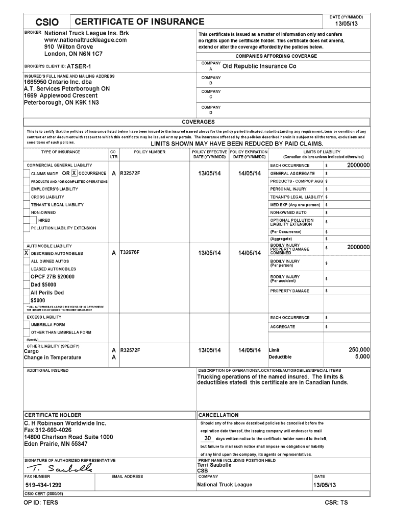 Csio Certificate Of Insurance – Fill Online, Printable Intended For Certificate Of Insurance Template