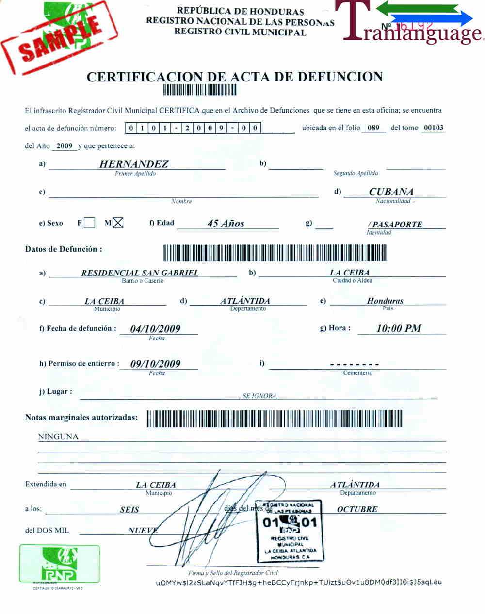 Death Certificate Honduras In Death Certificate Translation Template