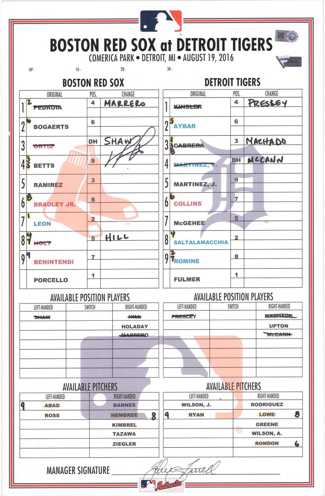 Details About David Ortiz Boston Red Sox Signed Gu Lineup Card Vs Tigers On  8/19/16 – Fanatics For Baseball Lineup Card Template