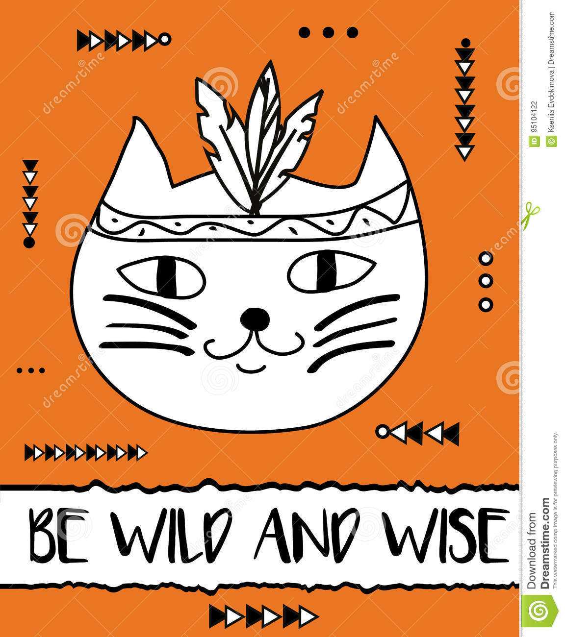 Doodle Cat Boho Feathers Headband. Modern Postcard, Flyer For Headband Card Template